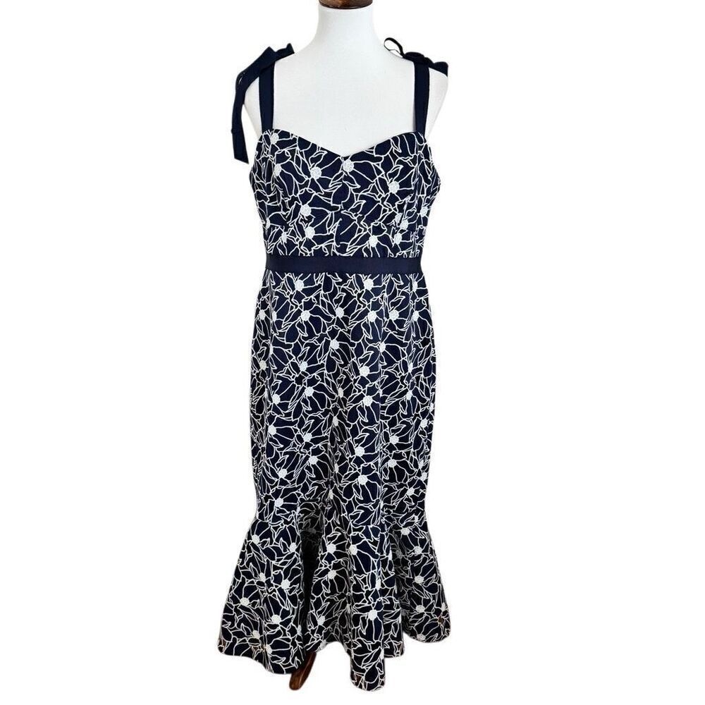 J. Crew Eyelet Midi Dress with Flounce Hem Navy Blue White Floral Size 14